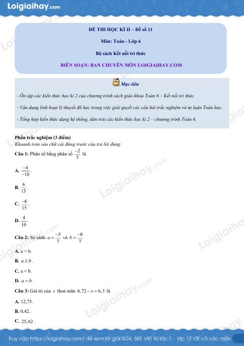 Đề thi học kì 2 Toán 6 - Đề số 11 - Kết nối tri thức